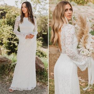 NWT Show Me Your Mumu Natalie Dress Lace Ivory Scallop Trim Bell Sleeve Gown